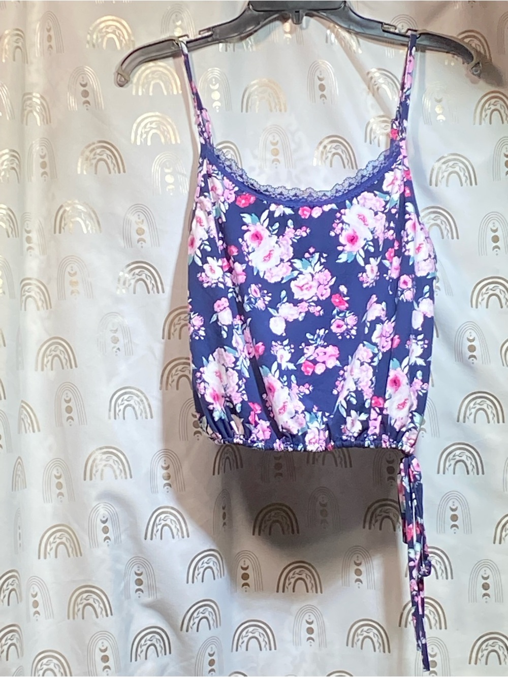 Jessica Simpson Navy Floral Lace-Trim Tie Hem Cami